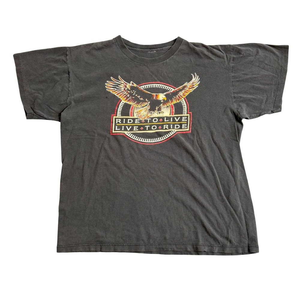Vintage Faded Black Biker Live to Ride Eagle T-Shirt Black Single Stitch